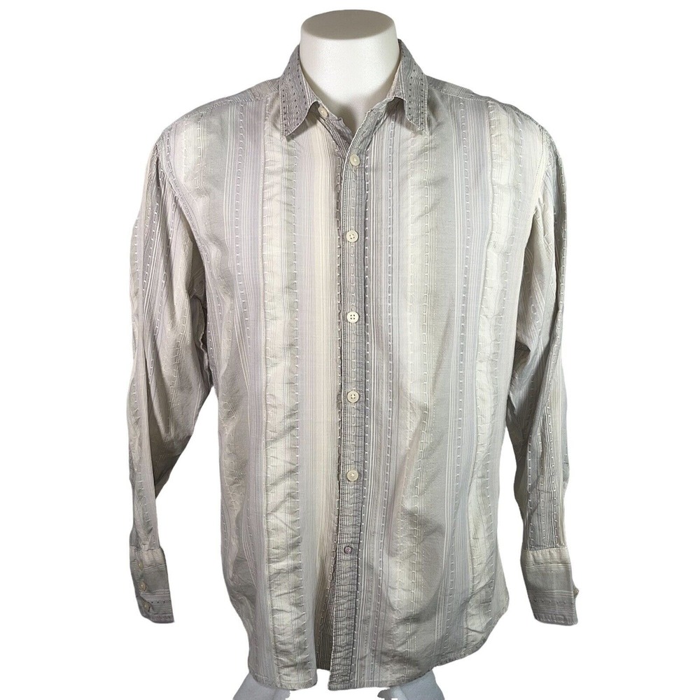 Robert Graham Shirt Mens XL Gray Beige Striped Long Sleeve Button Up Boho Casual